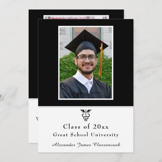 Minimalistisch Medisch Afstuderen Modern Zwart Wit Aankondiging (Voorkant / Achterkant)