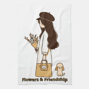 Minimalistisch meisje met poedel en wilde bloemen theedoek