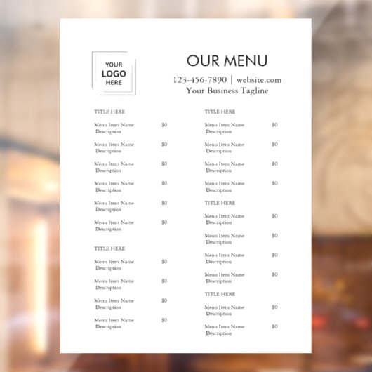 Minimalistisch Menu | Cafe en Catering met Eigen L Raamsticker (Vel 2)