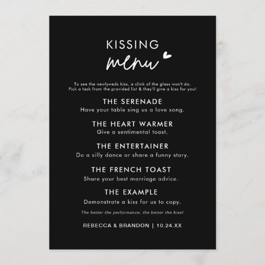 Minimalistisch menu Modern Black Wedding Kiss (Voorkant)