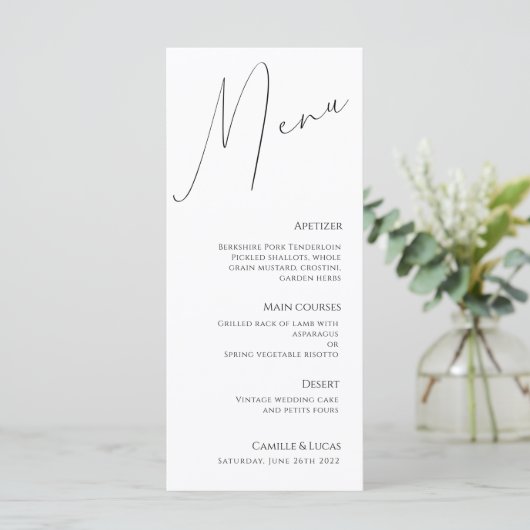 Minimalistisch menu Moderne bruiloft van script (Staand voorkant)