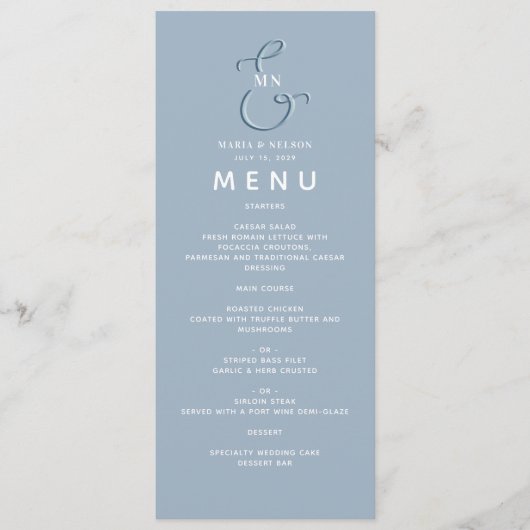 Minimalistisch menu Stusty Blue Wedding (Voorkant)