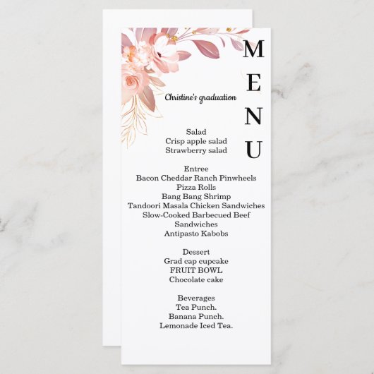 Minimalistisch menu van het florale Afstuderen, (Voorkant / Achterkant)