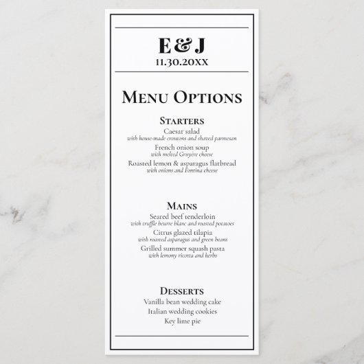 Minimalistisch menu Zwart en Wit Weddenschap (Voorkant)