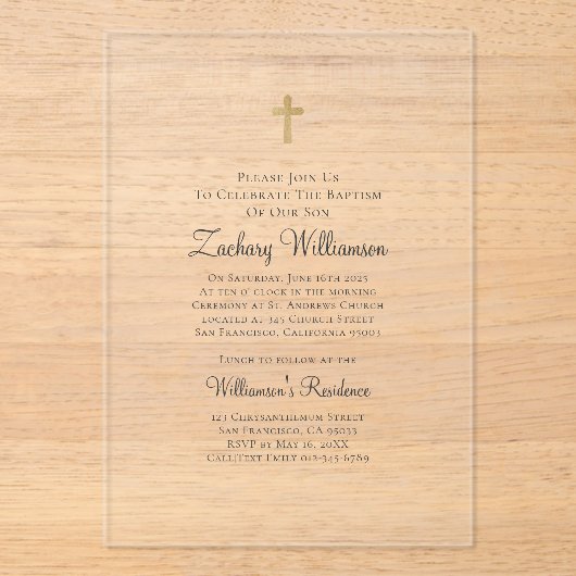 Minimalistisch met Faux Gold Cross Baptismal Acryl Uitnodigingen (Voorkant)
