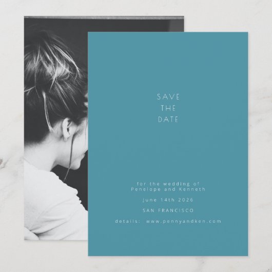 Minimalistisch modern Blauwgroen blauwe bruiloft m Save The Date (Voorkant / Achterkant)
