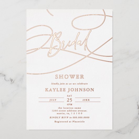 Minimalistisch modern Fancy script "bruids" douche Folie Uitnodiging (Voorkant)