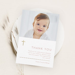 Minimalistisch modern Gold Cross Photo Baptisme Bedankkaart