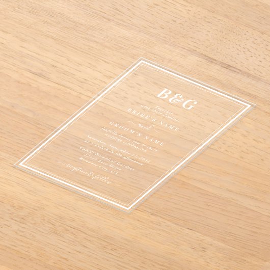 Minimalistisch Modern Monogram Huwelijk Clear Acryl Uitnodigingen (Laagn)
