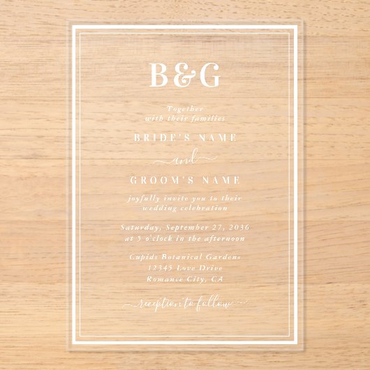 Minimalistisch Modern Monogram Huwelijk Clear Acryl Uitnodigingen (Voorkant)