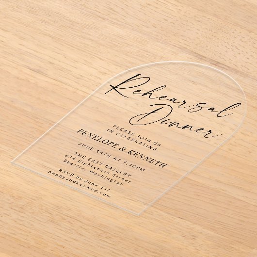 Minimalistisch Modern Script Arch repetitie diner Acryl Uitnodigingen (Laagn)