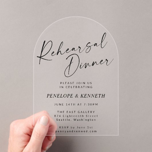 Minimalistisch Modern Script Arch repetitie diner Acryl Uitnodigingen (Insitu (Draagbaar))