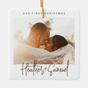 Minimalistisch modern script   Kerstsneeuwfoto Keramisch Ornament