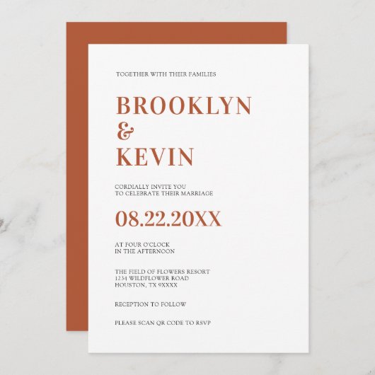 Minimalistisch Modern Terracotta Wedding | QR-code Kaart (Voorkant / Achterkant)