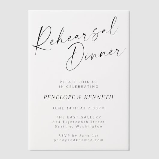 Minimalistisch modern wit script repetitief diner vellum uitnodigingen (Voorkant)