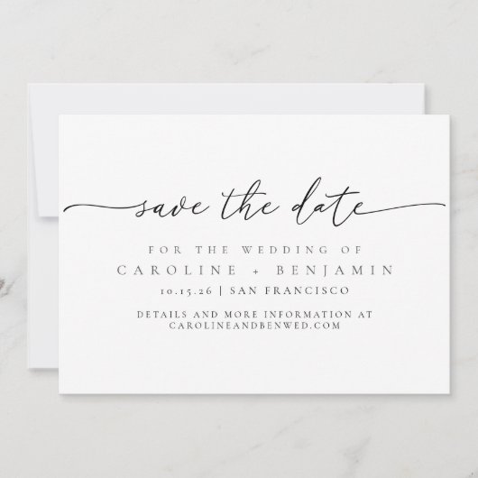 Minimalistisch modern zwart witscript bruiloft save the date (Voorkant)