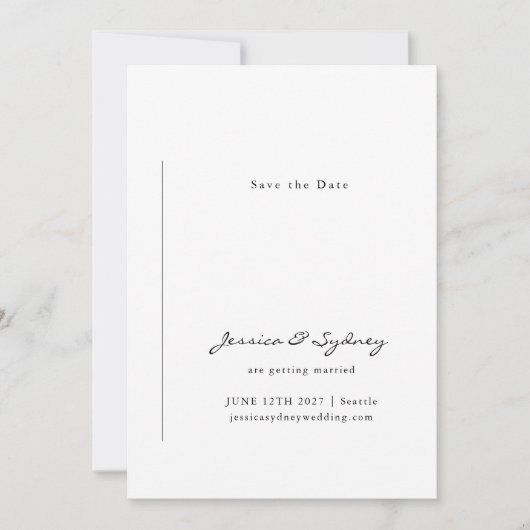 Minimalistisch modern zwart-witscript huwelijk save the date (Voorkant)