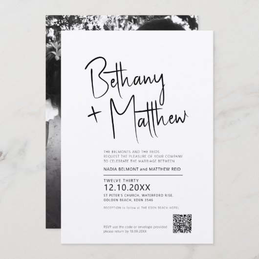 Minimalistisch mono-kalligrafisch script QR RSVP Kaart (Voorkant / Achterkant)