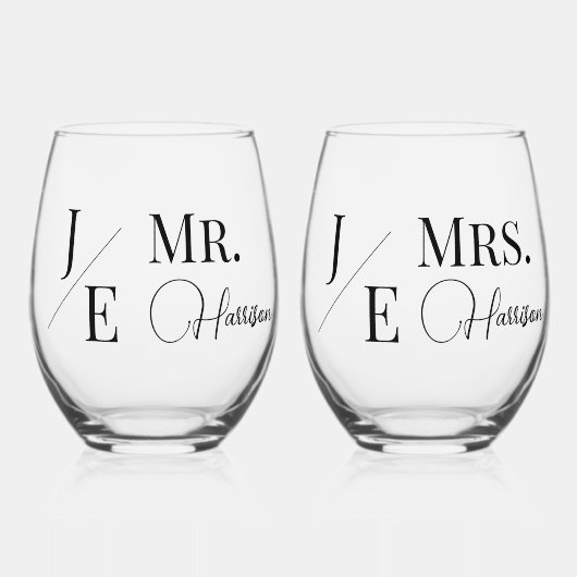 Minimalistisch Monogram bruid en bruidegom Wijnglas Zonder Voet (Voorkant)