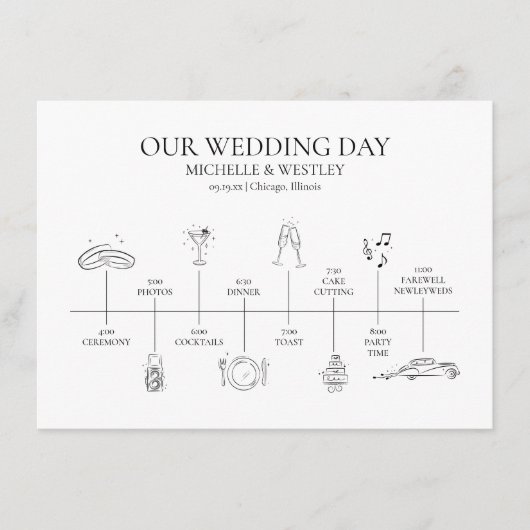 Minimalistisch Monogram Bruiloft Tijdlijn Programm Informatiekaartje (Voorkant)