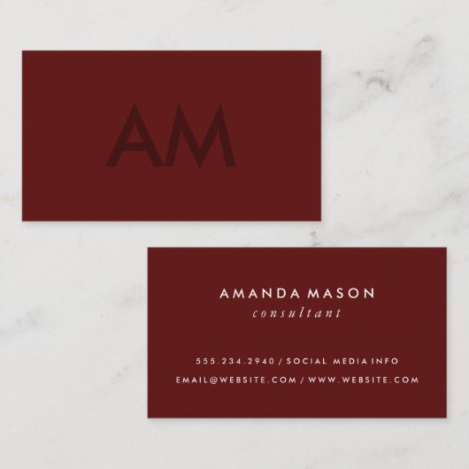 Minimalistisch monogram diep rood visitekaartje (Voorkant / Achterkant)