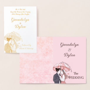 Minimalistisch monogram elegant roze koppel parapl folie kaarten