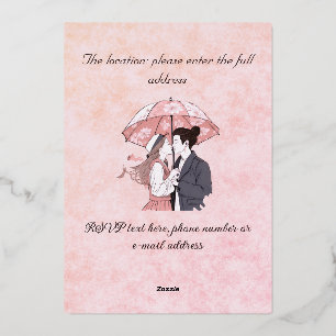 Minimalistisch monogram elegant roze koppel parapl folie uitnodiging