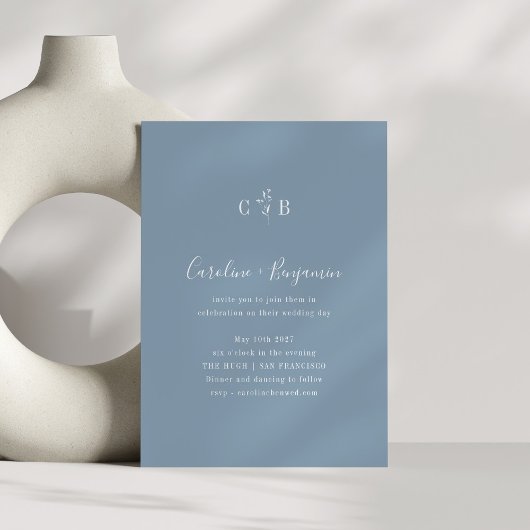 Minimalistisch monogram Floral Dusty Blue Wedding Kaart