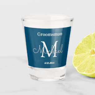 Minimalistisch monogram Groomsmen Blauw Wit Shot Glas