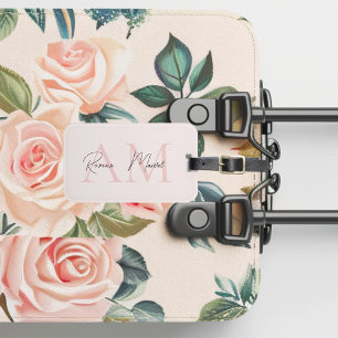 Minimalistisch Monogram Initiaal & Naam Pastel Roz Bagagelabel