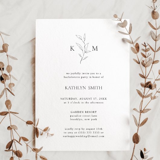 Minimalistisch Monogram Olijfblad Bachelorette Par Kaart