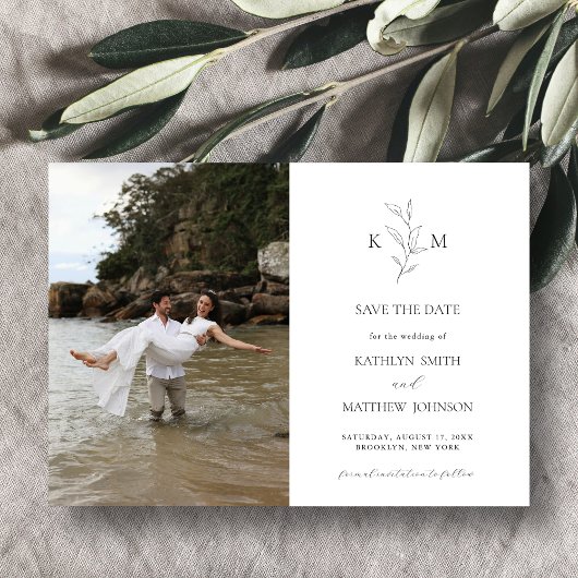 Minimalistisch Monogram Olijfblad Save the Date Magnetische Uitnodiging