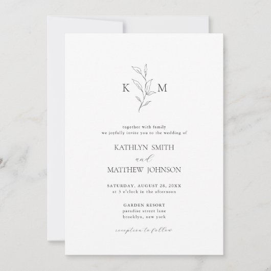 Minimalistisch Monogram Olive Leaf Branch Bruiloft Kaart (Voorkant)