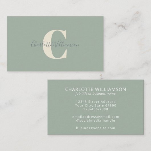Minimalistisch Monogram Sage Green Elegant Script Visitekaartje (Voorkant / Achterkant)