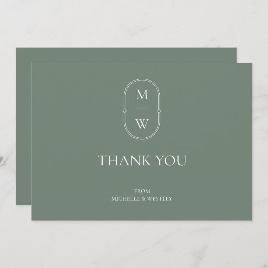 Minimalistisch Monogram Sage Green Wedding Bedankkaart (Voorkant / Achterkant)
