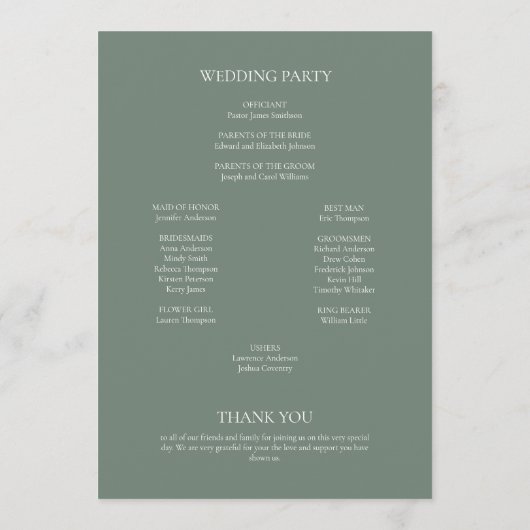 Minimalistisch Monogram Sage Green Wedding Programma (Achterkant)