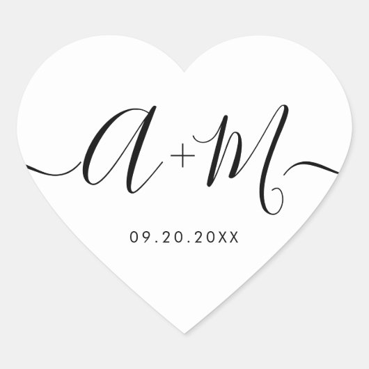 Minimalistisch Monogram Script Aangepaste trouwdat Hart Sticker (Voorkant)