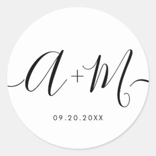 Minimalistisch Monogram Script Aangepaste trouwdat Ronde Sticker
