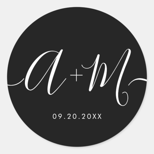 Minimalistisch Monogram Script Aangepaste trouwdat Ronde Sticker (Voorkant)