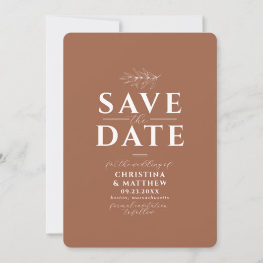 Minimalistisch monogram terracotta QR-code Save The Date (Voorkant)