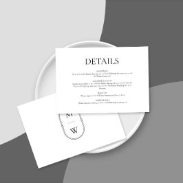 Minimalistisch Monogram Zwart-wit bruiloft Details Informatiekaartje