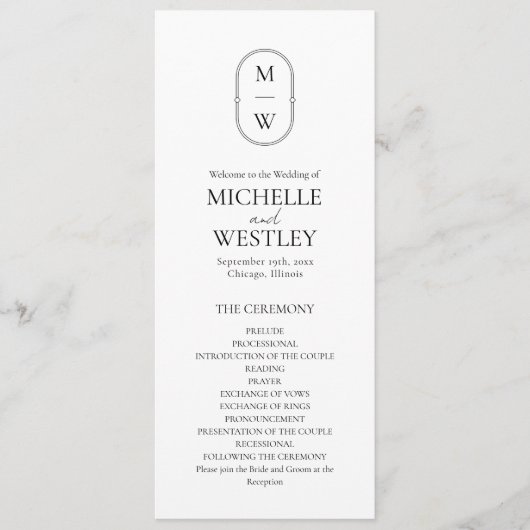 Minimalistisch Monogram Zwart-wit bruiloft Programma (Voorkant)