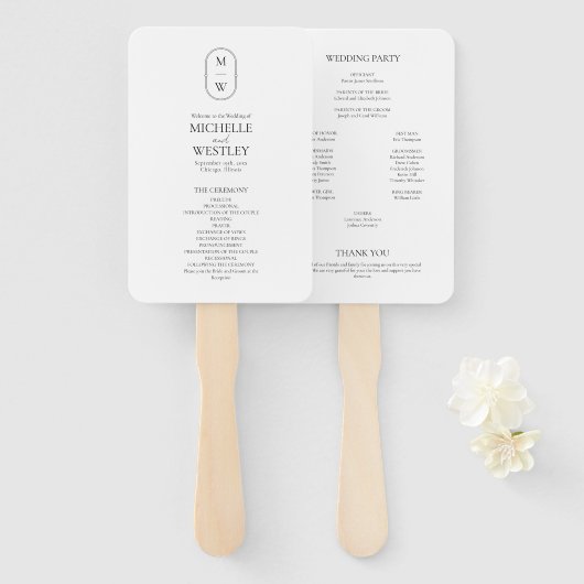 Minimalistisch Monogram Zwart & Wit Trouwprogramma Handwaaier (Voorkant en achterkant)