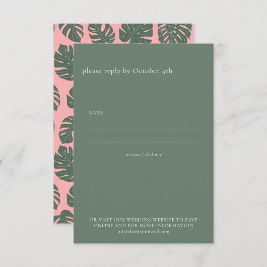 Minimalistisch Monstera Botanisch Roze Groen Wedde RSVP Kaartje (Voorkant / Achterkant)