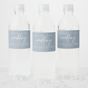 Minimalistisch mosterd blauw modern huwelijk waterfles etiket