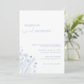 Minimalistisch mosterd Blue Wildflower Wedding Kaart (Staand voorkant)