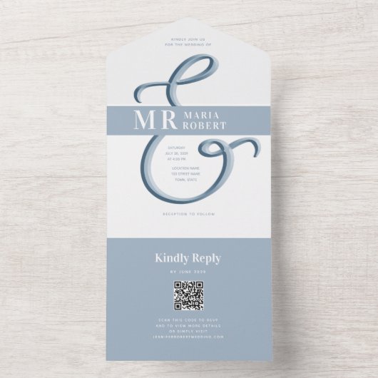 Minimalistisch mosterdblauw huwelijk all in one uitnodiging (Binnen)