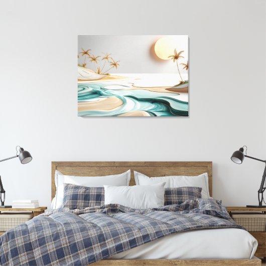 Minimalistisch mozaïek strandlandschap met palmbom canvas afdruk (Insitu (Slaapkamer))