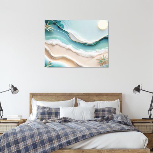 Minimalistisch mozaïek strandlandschap met palmbom canvas afdruk (Insitu (Slaapkamer))