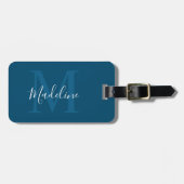 Minimalistisch Navy Blue Monogram Name Script Init Bagagelabel (Voorkant horizontaal)